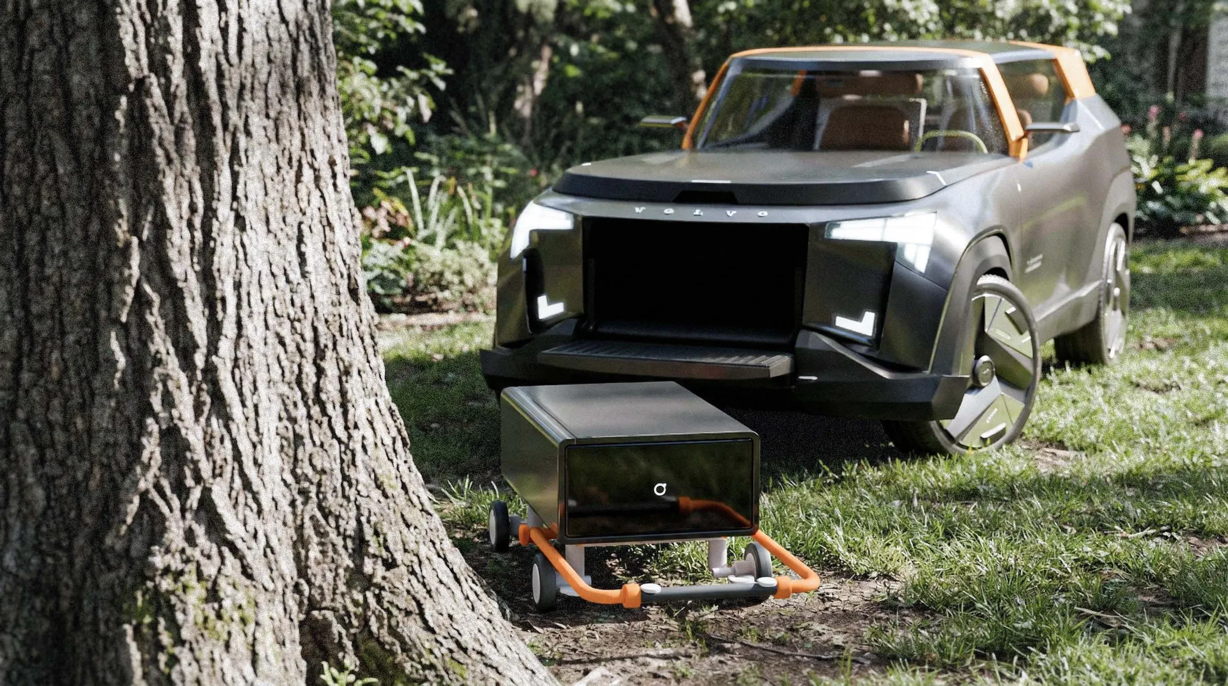 Volvo Tuva with the trolley, in the garden