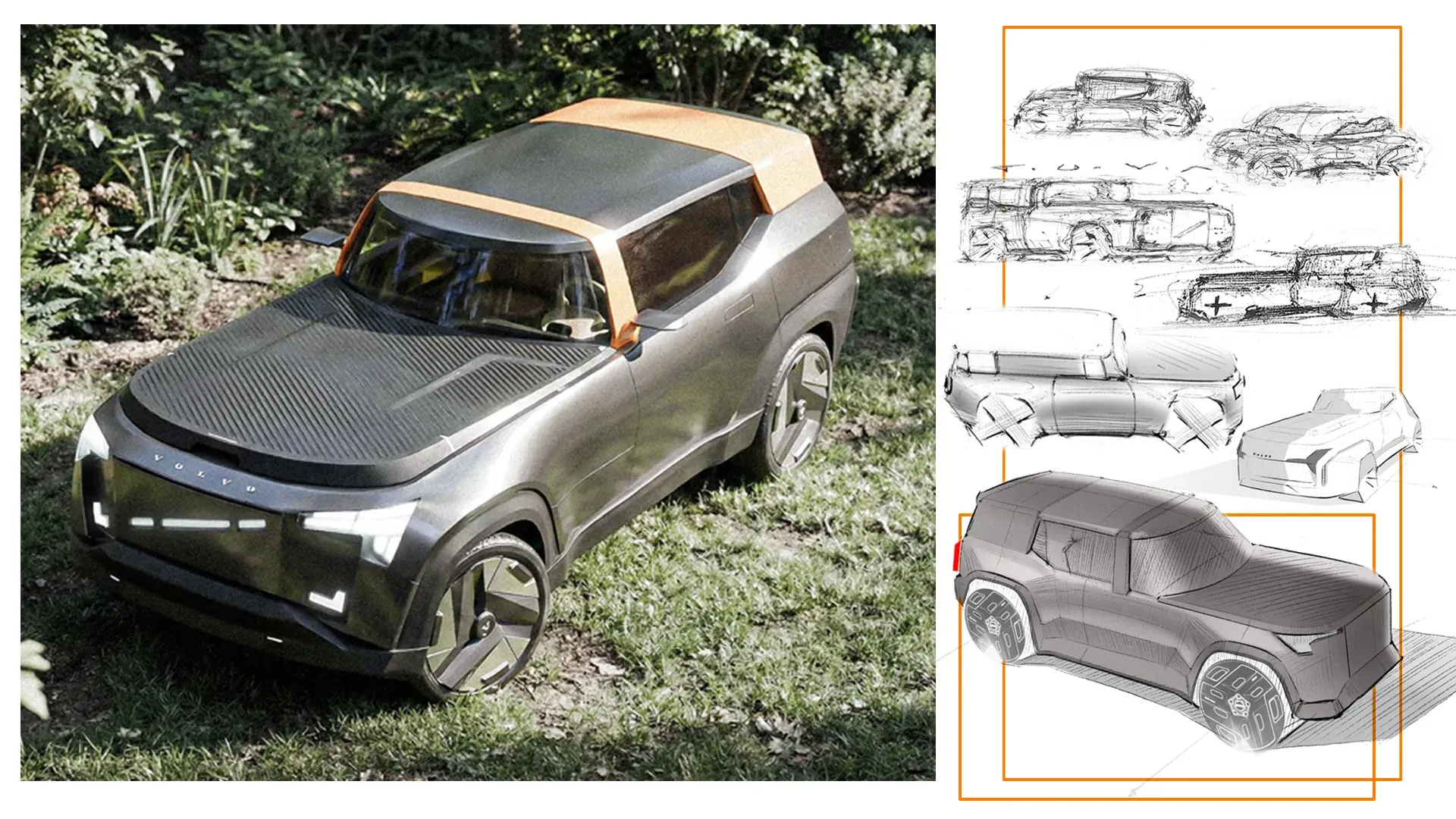 Front three-quarter render and sketch development