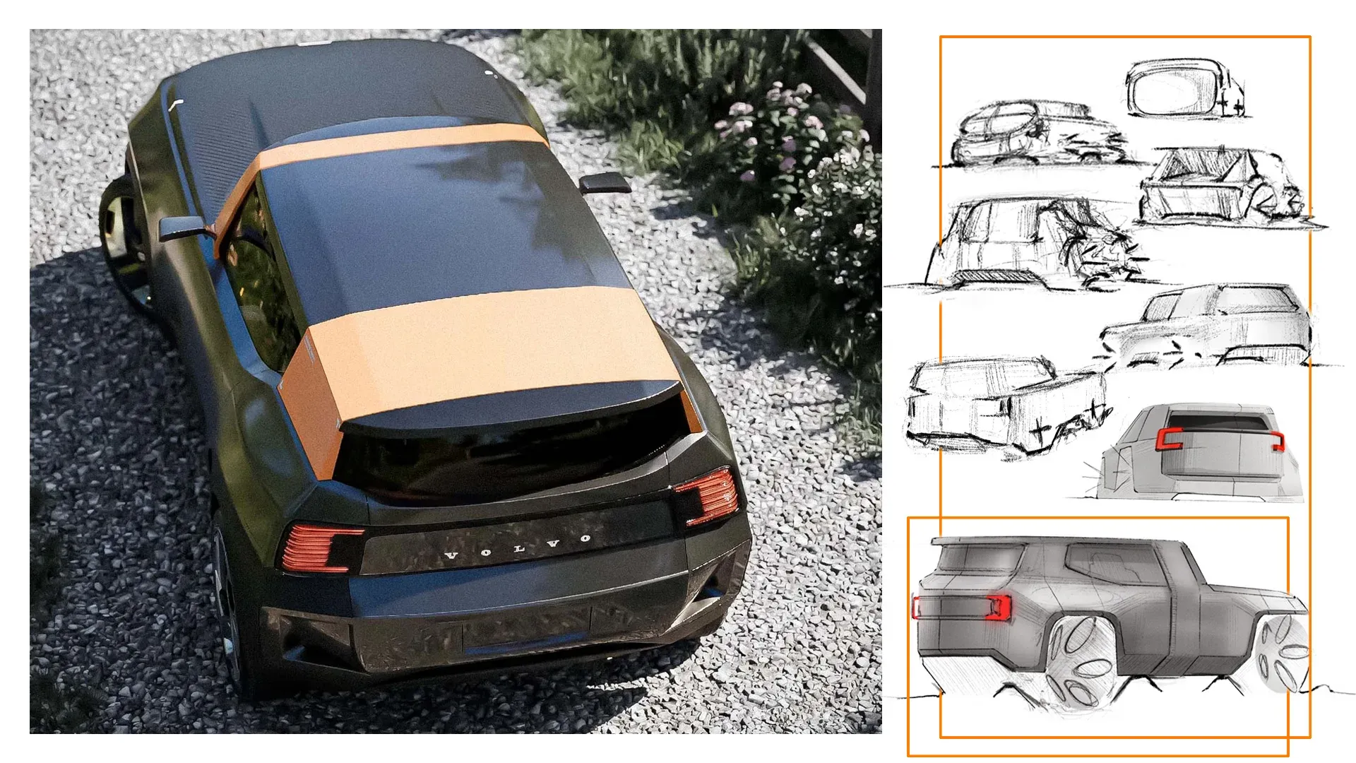 Rear three-quarter render and sketch development