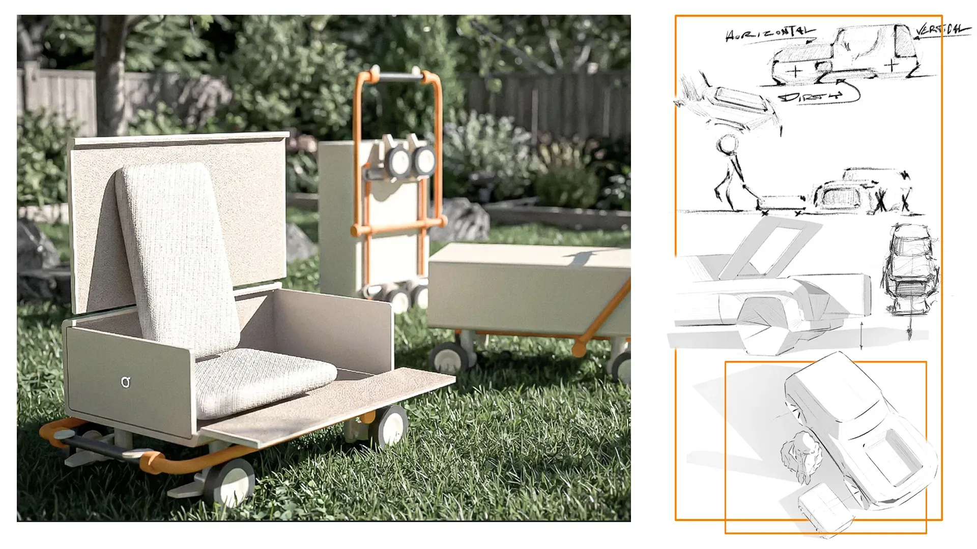 The trolley as a seat and table, with sketch development