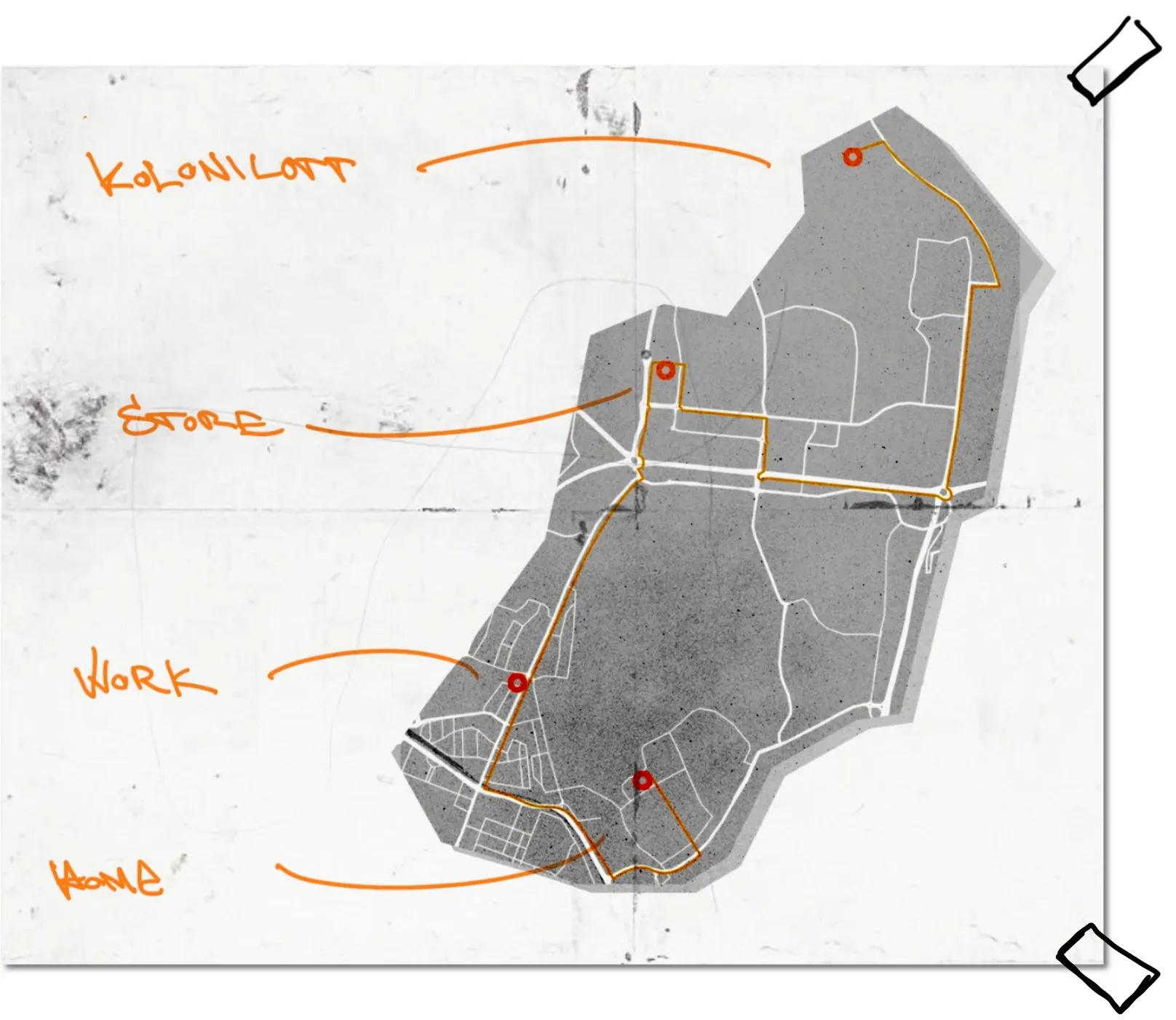 Daily route: kolonilott · store · work · home