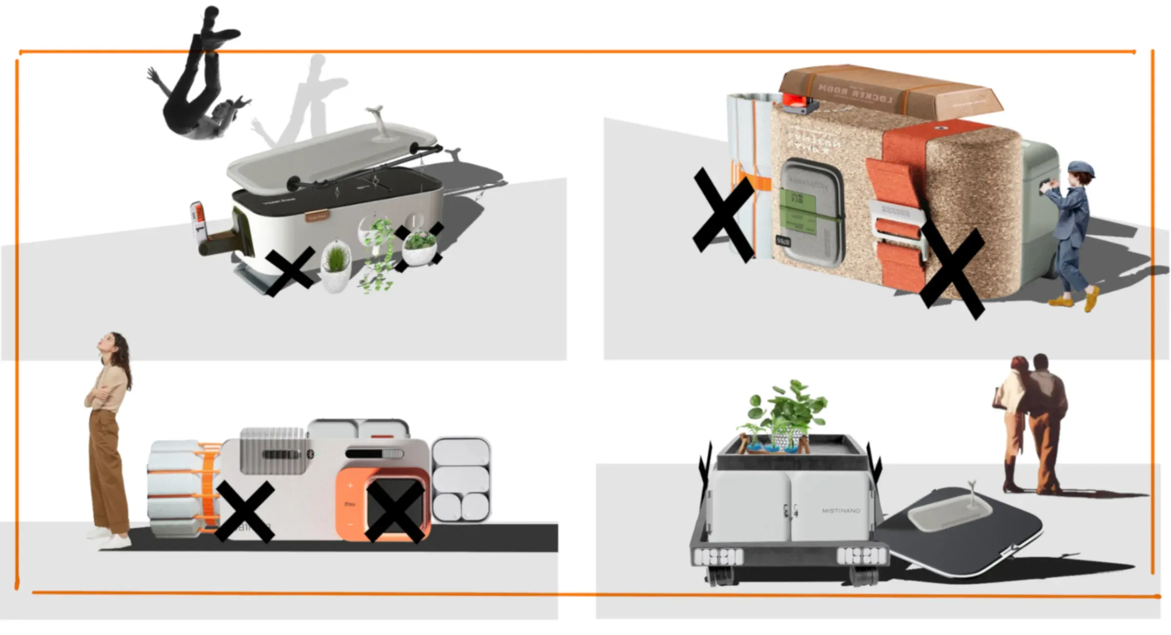 Trolley concept renders — bath, locker room, seat, cargo bed