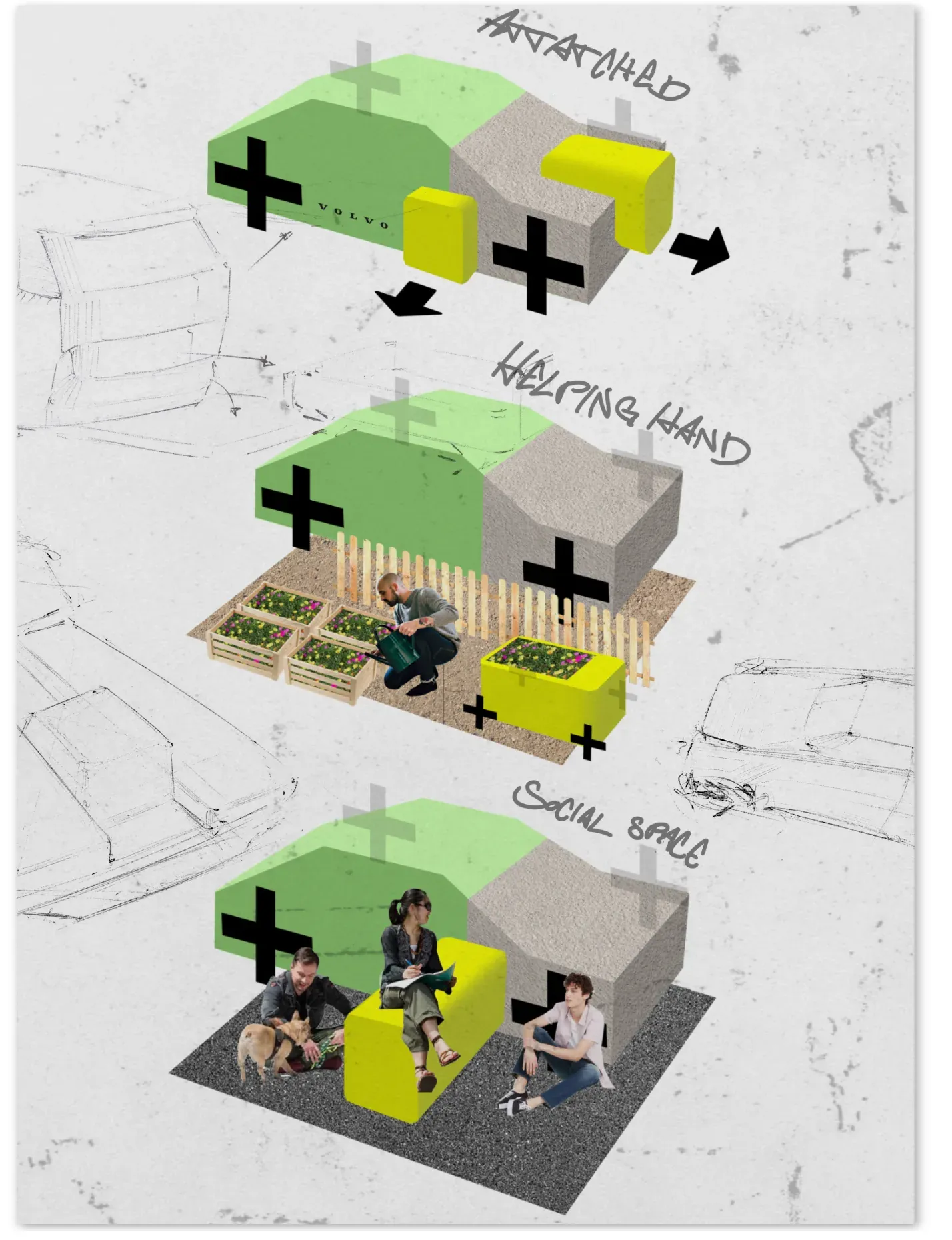 Trolley modes — detached, helping hand, social space